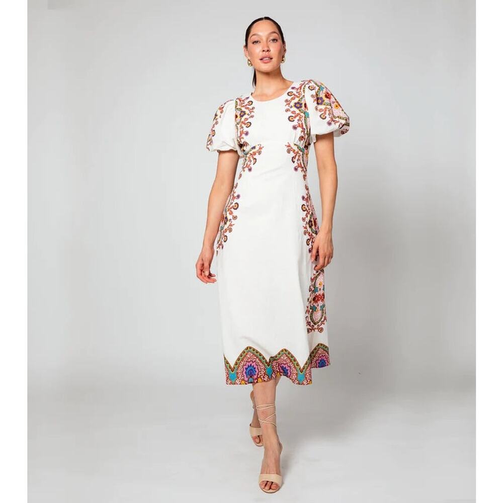 Tuckernuck White Midi Dress with Multicolor Embroidered Trim